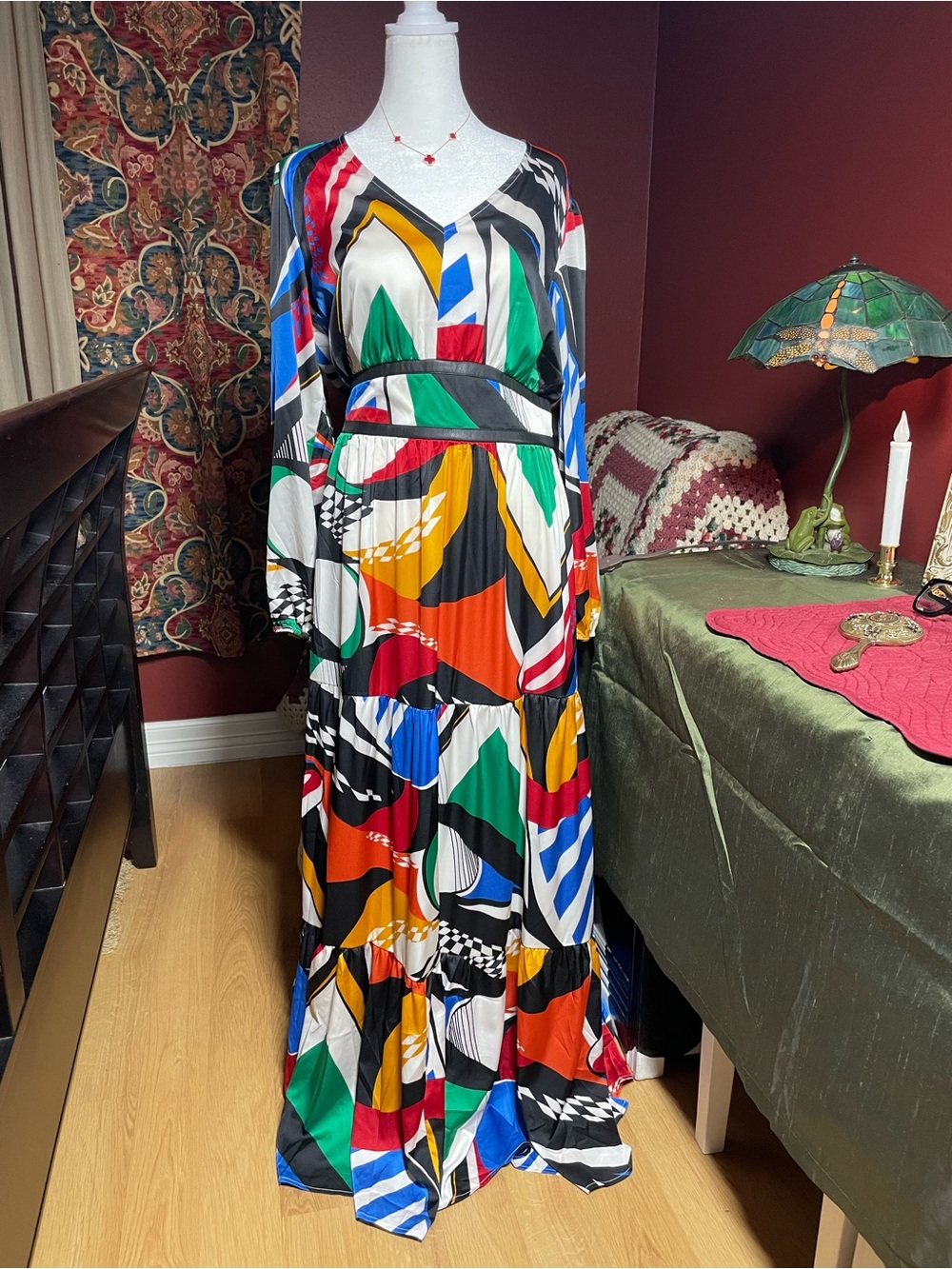 New York & Company Multicolor Geometric V-Neck Maxi Dress boho style - Picture 12 of 13
